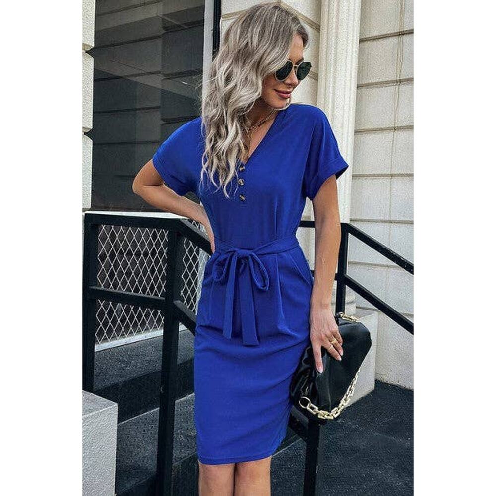 Solid Button Detail Cuffed Pocket Short Dress - Picture 3 of 9